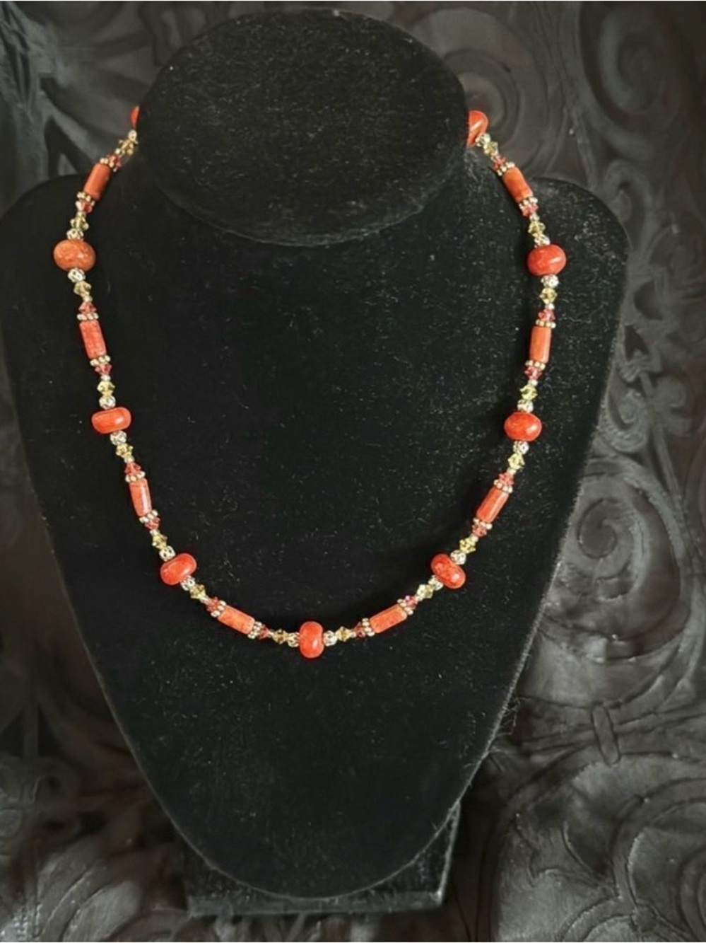 Red Coral-Collar Necklace-SilverAccents- Lobster Clasp- 16”-18” Can be Choker
